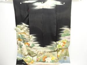 大正ロマン　錦紗草花に幕・御所車模様刺繍五つ紋花嫁衣装振袖3枚重ね